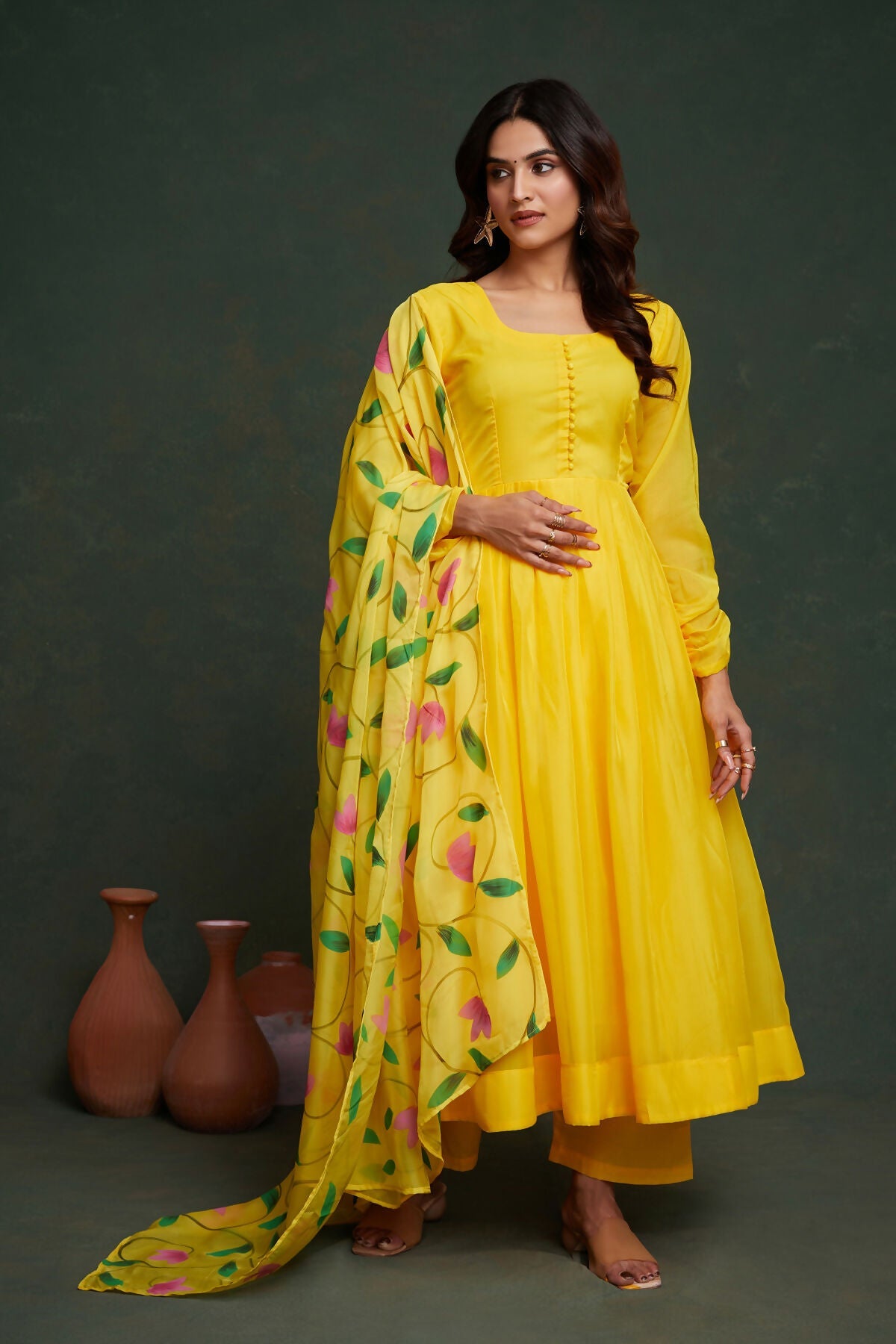 Aayaa Viscose Organza Dyeable Hand Painted Suit - Lemon Yellow