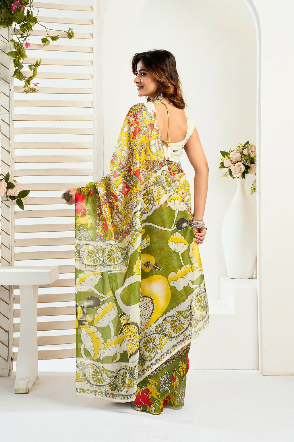 Vastranavya Yellow Digital Printed Linen Ready To Wear Designer Saree with Unstitched Blouse