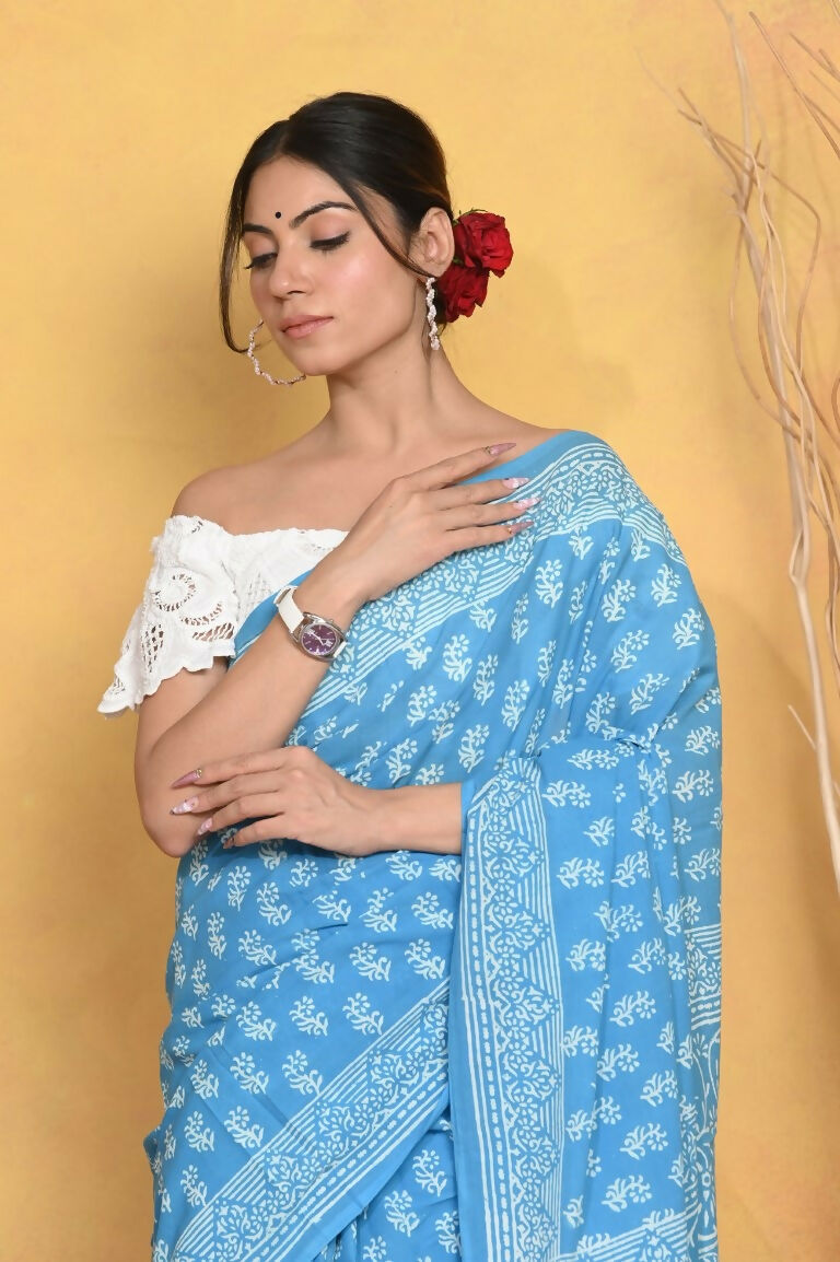 Very Much Indian Handblock Printed Cotton Saree With Natural Dyes - Sky Blue