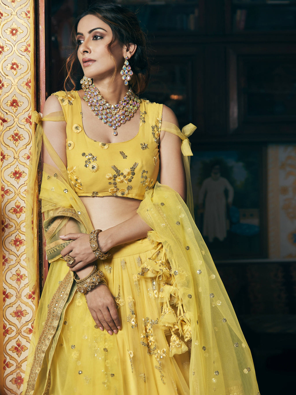 Wedding Designer Sequene Zari Resham Embroidery Yellow Net Lahengha Choli - Anbazaar