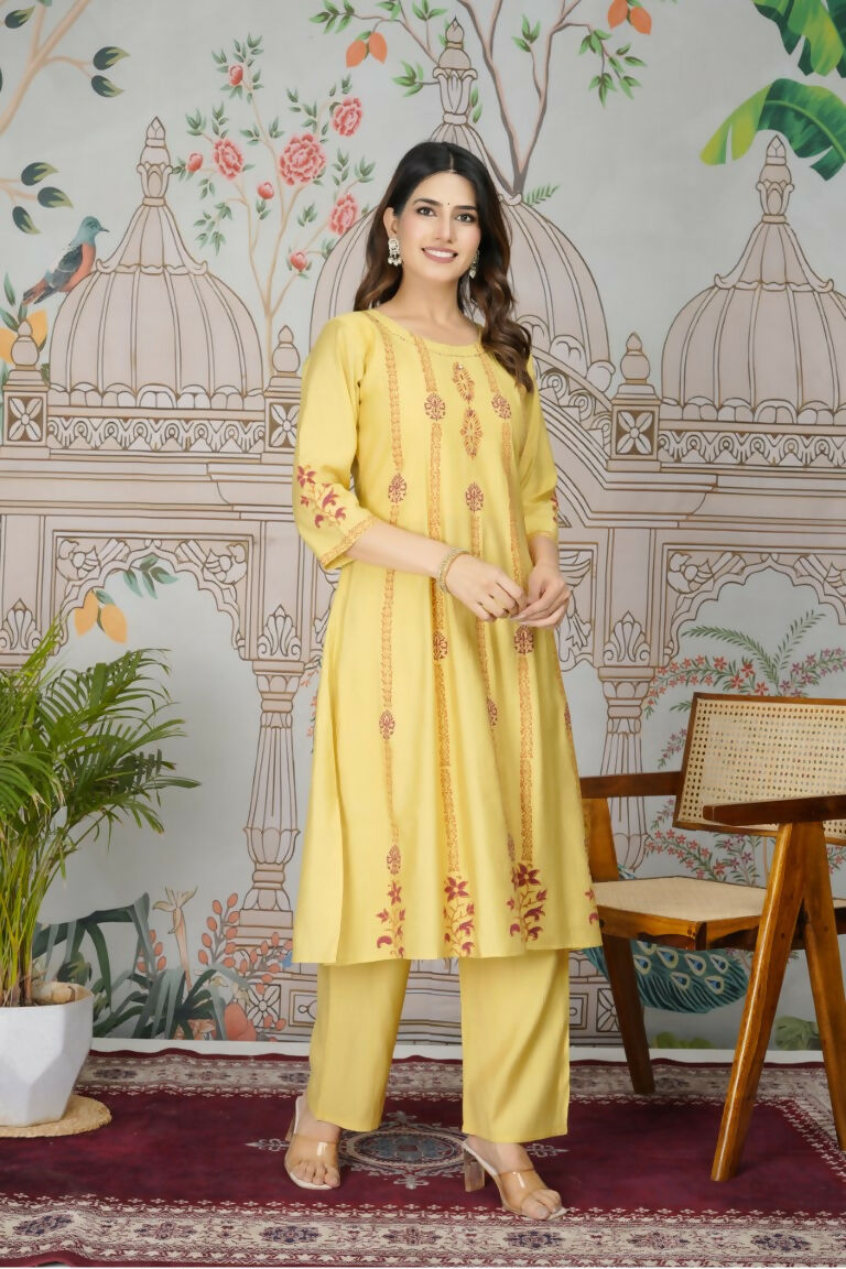 Ethnic Festive Wear Viscose Roman Silk Yellow Stitched Pant Pair - Rashmika