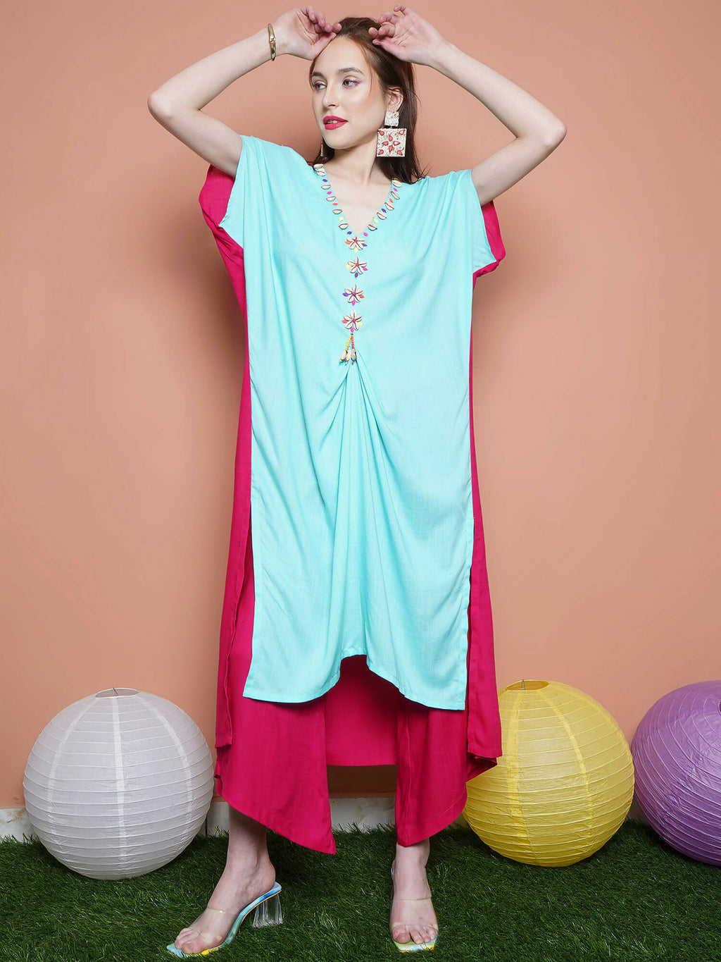 Women Republic Blue And Pink Assyemtrical Kurta Set