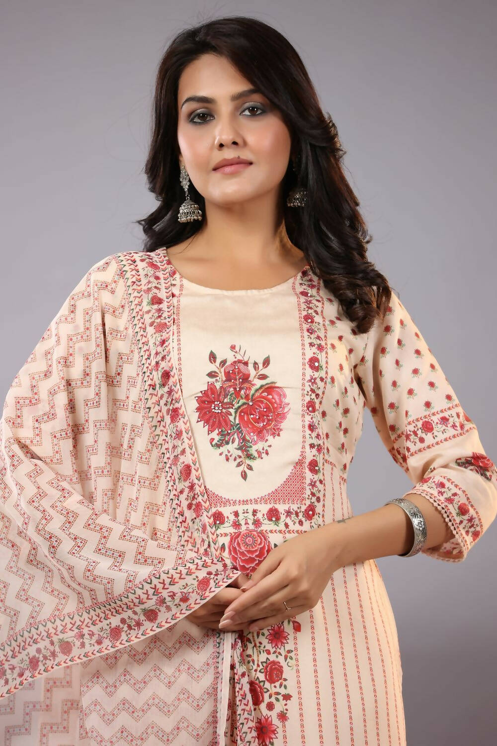 Juniper Women Ecru Muslin Floral Printed Kurta, Pants and Dupatta Set
