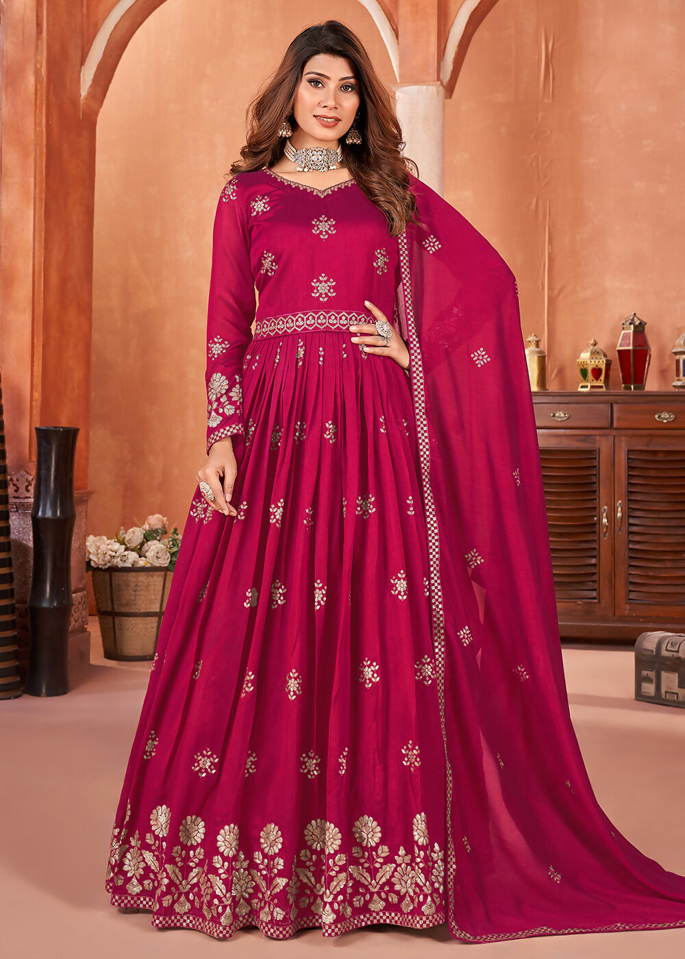 Hot Pink Festive Embroidered Art Silk Anarkali Suit - Emponline