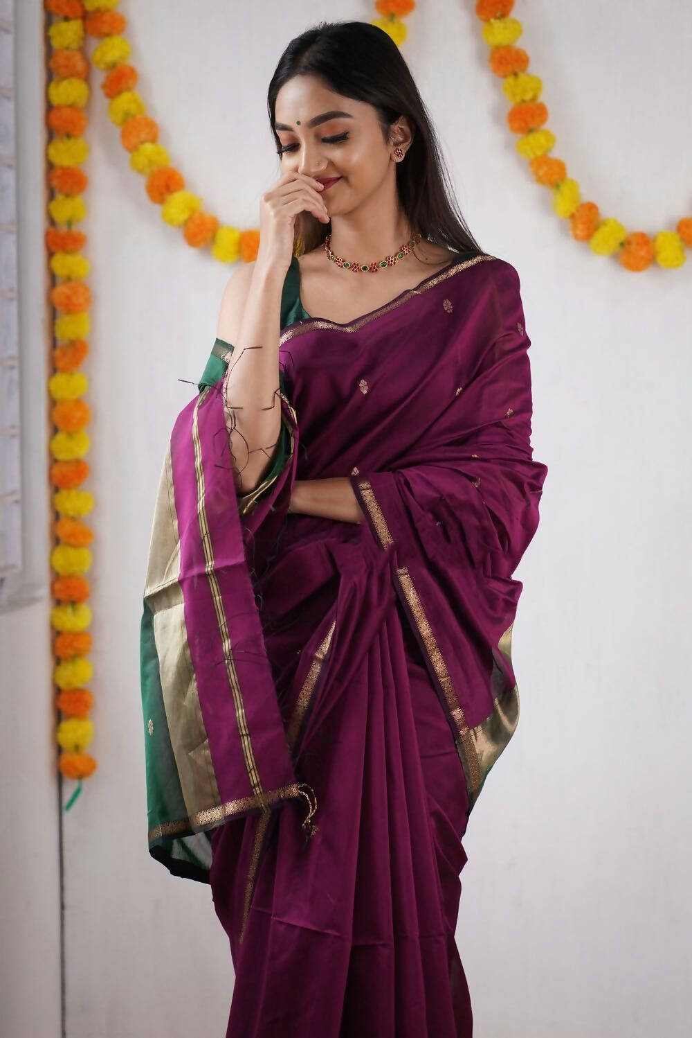 DEIANA'S Beautiful Designer Golden zari Soft Cotton Saree - Wine