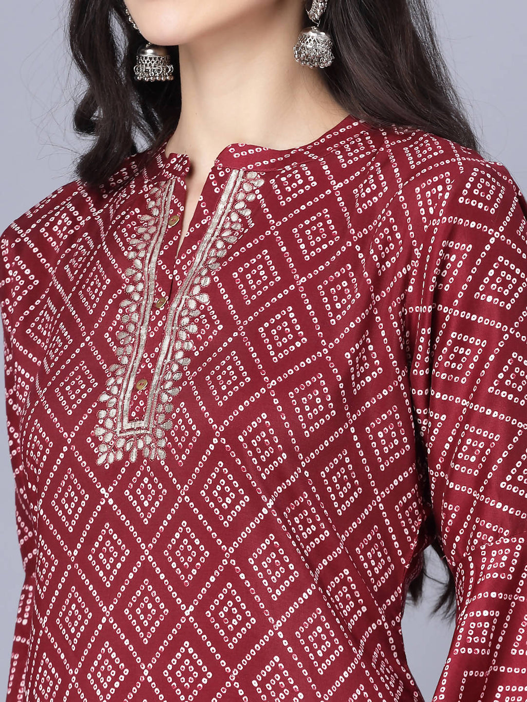 Myshka Silk Printed 3/4 Sleeve Round Maroon Women Kurta