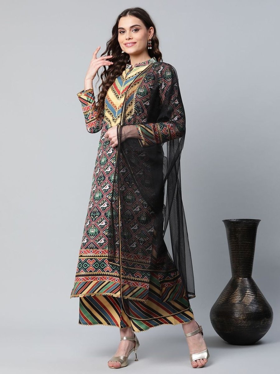 Ahalyaa Women's Multi Colour Crepe Digital Patola Printed Kurta Palazzo Set With Dupatta