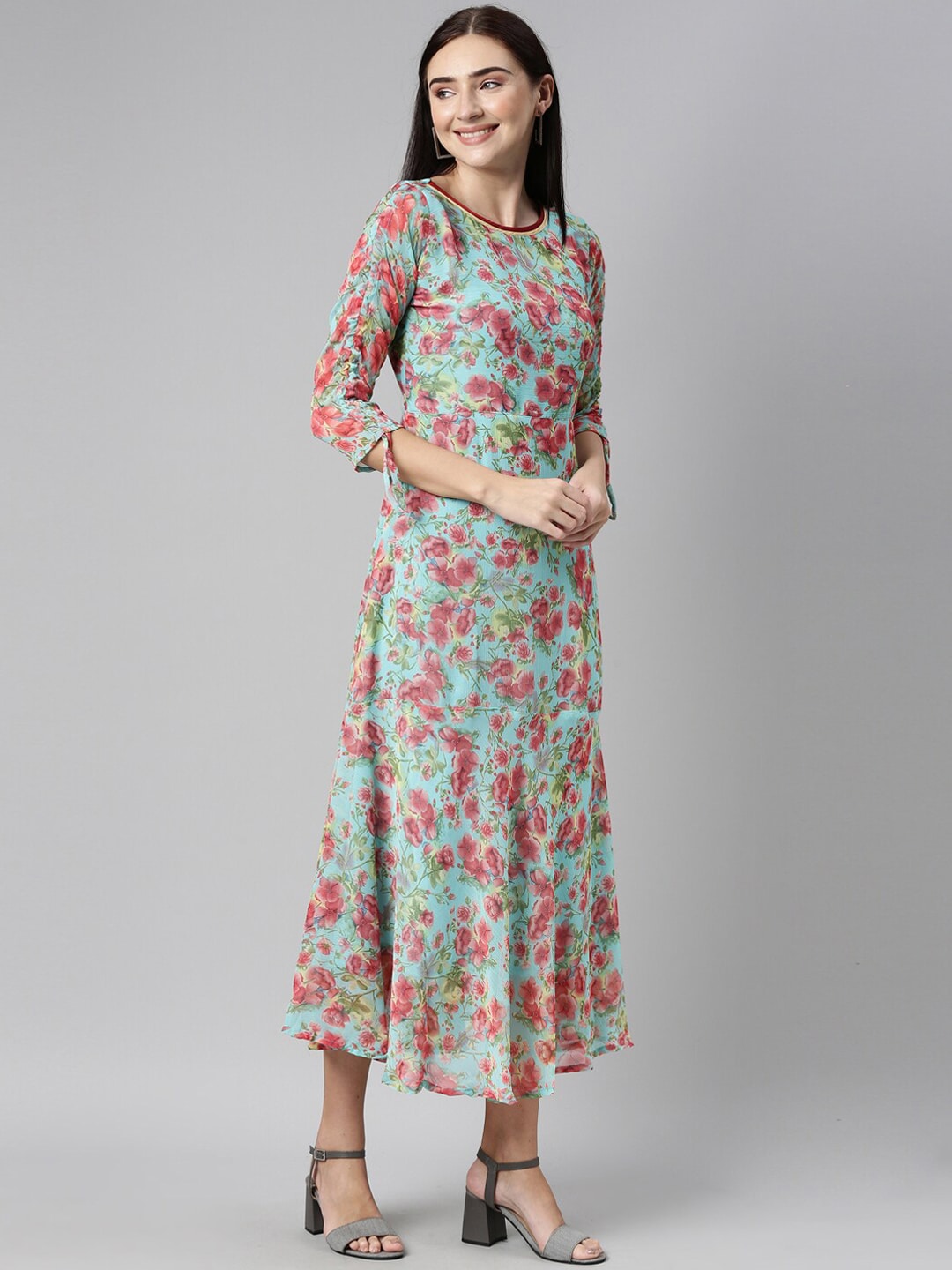 Souchii Turquoise Blue Floral Printed Chiffon A-Line Midi Dress