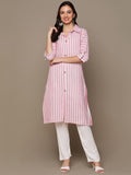 HERE&NOW Pink & White Shirt Collar Roll-Up Sleeves Striped Pure Cotton Straight Kurta