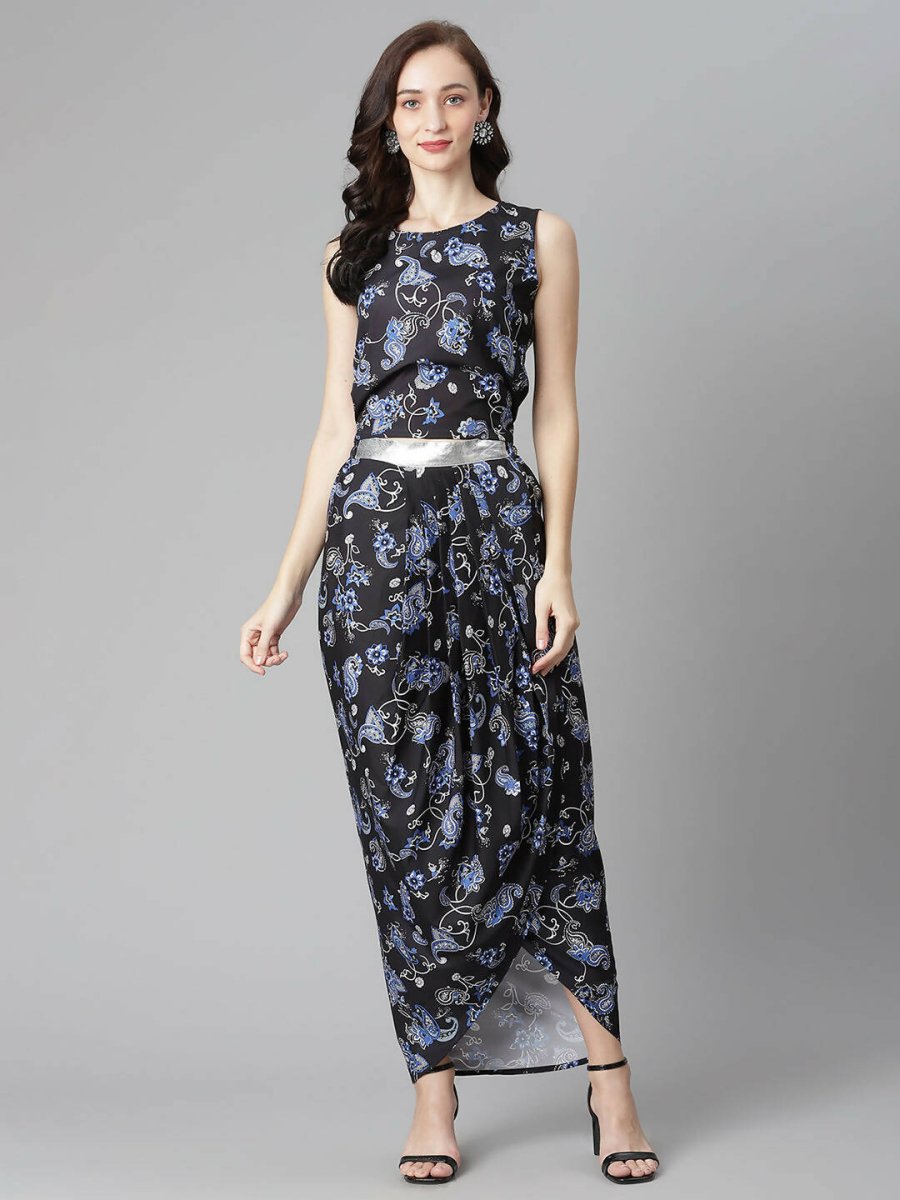 Ahalyaa Women's Black Color Crepe Digital Print Top Skirt With Shrug