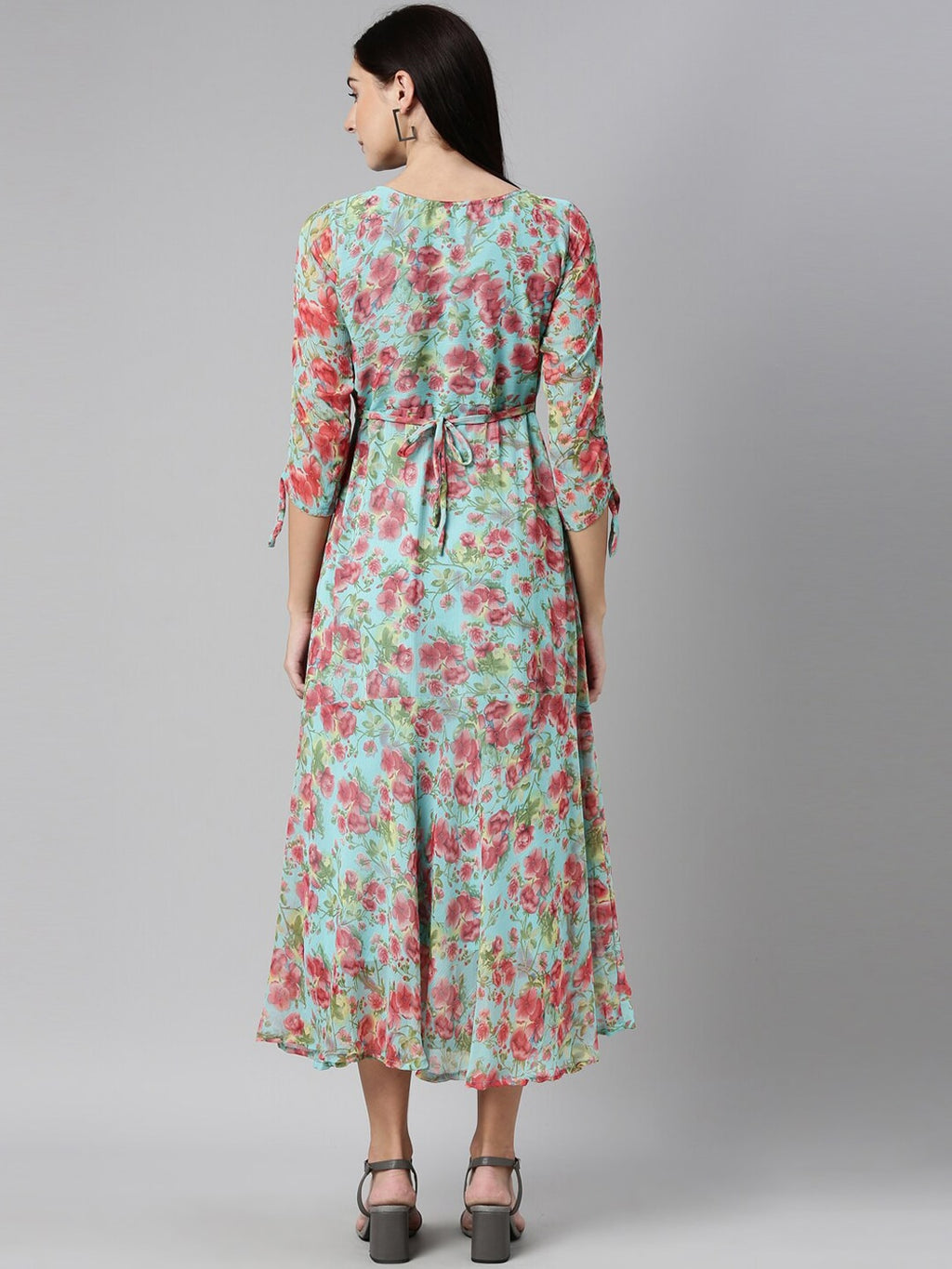 Souchii Turquoise Blue Floral Printed Chiffon A-Line Midi Dress