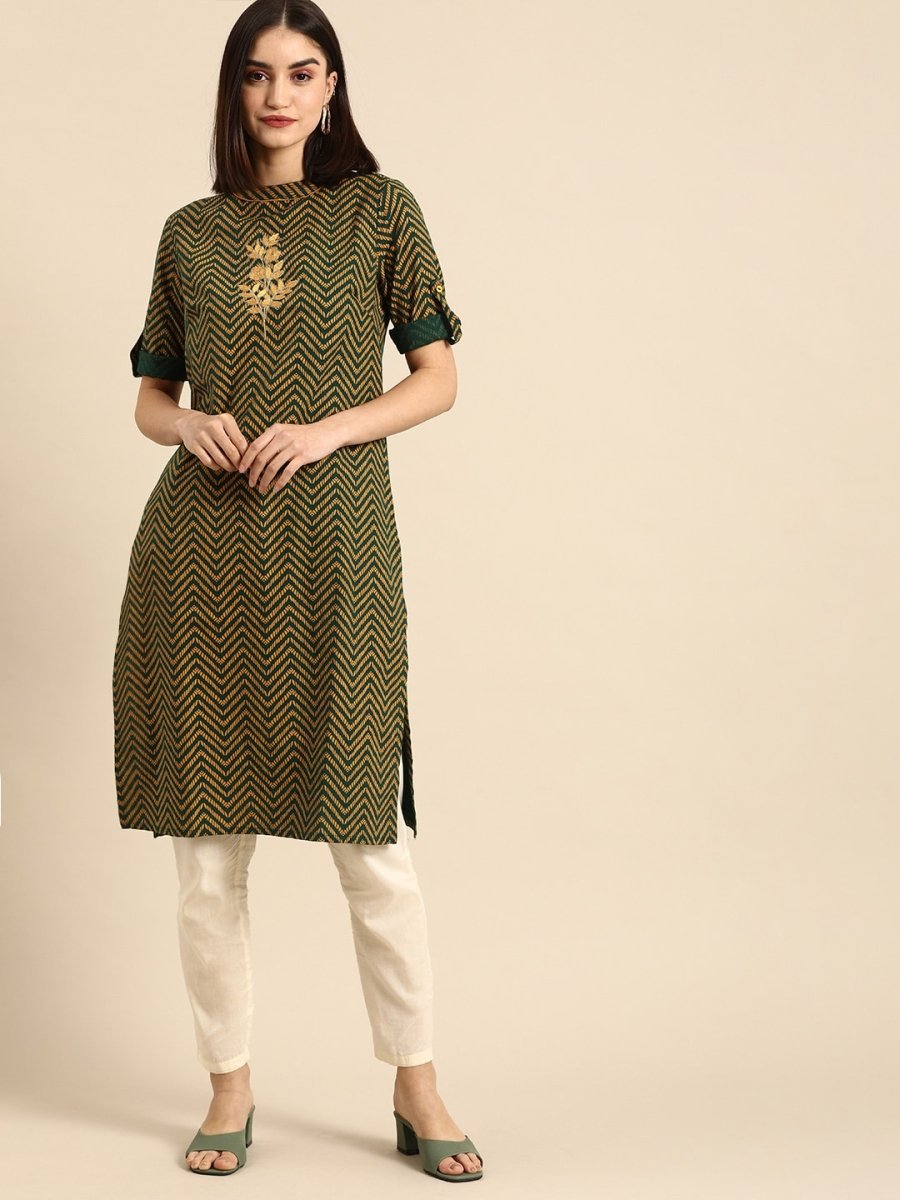 All About You Women Green & Yellow Floral Embroidered Thread Work Pure Cotton Kurta