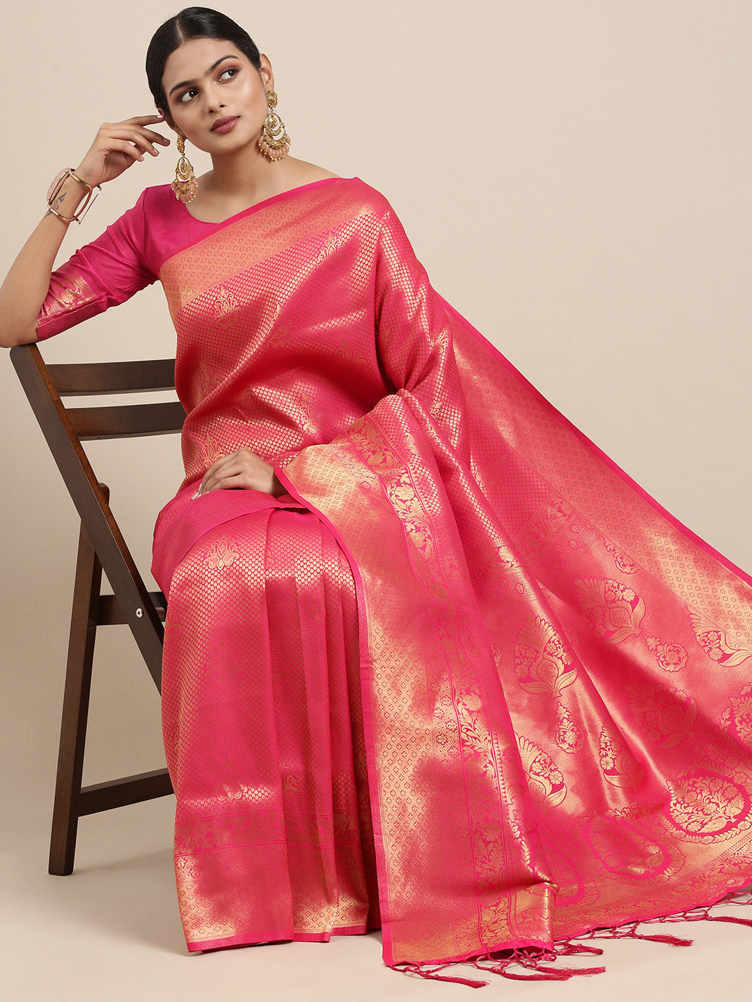 Saree Mall Pink Ethnic Motifs Zari Silk Blend Banarasi Saree