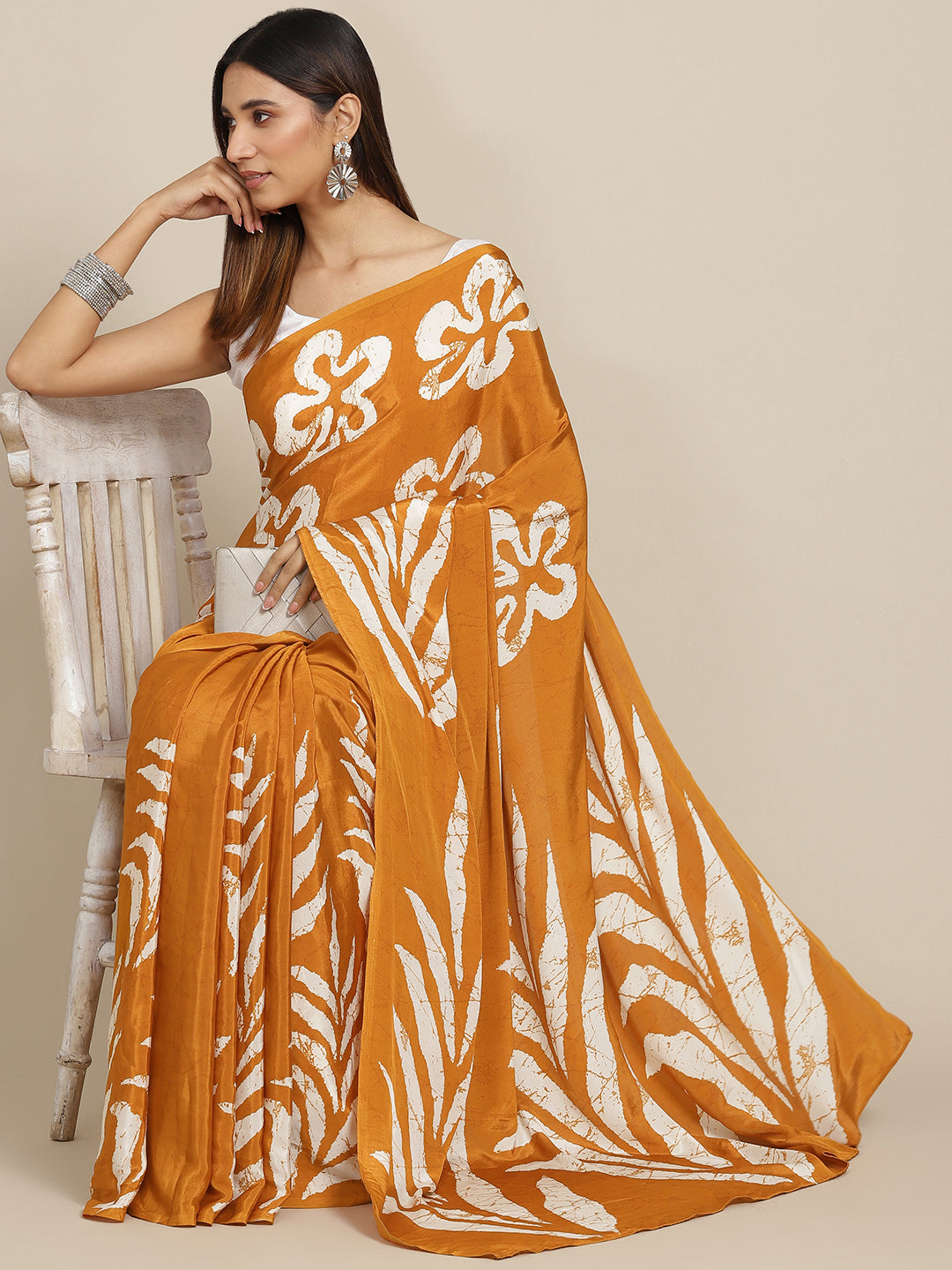 Tikhi Imli Mustard & White Floral Print Satin Saree
