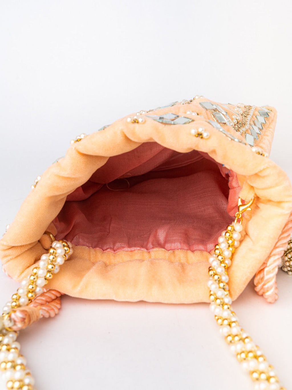 NR By Nidhi Rathi Peach-Coloured & White Embroidered Potli Clutch