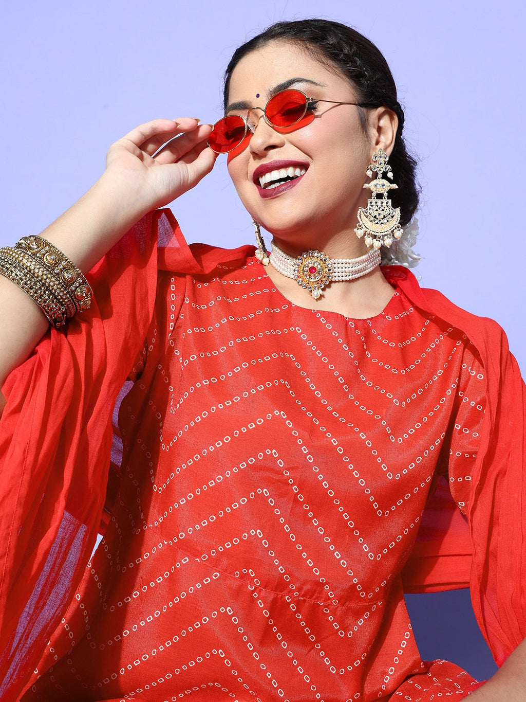 HERE&NOW Women Bandhani Polyester Fusion Bottom Kurta Set