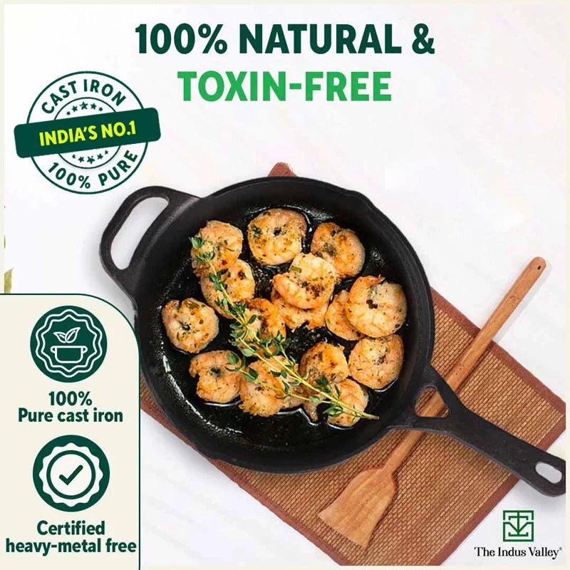 The Indus Valley CASTrong Cast Iron Fry Pan/Skillet, Pre-seasoned, Nonstick, 100% Pure, Toxin-free, Induction,Spatula, 25.4cm, 1.7L, 2.3kg