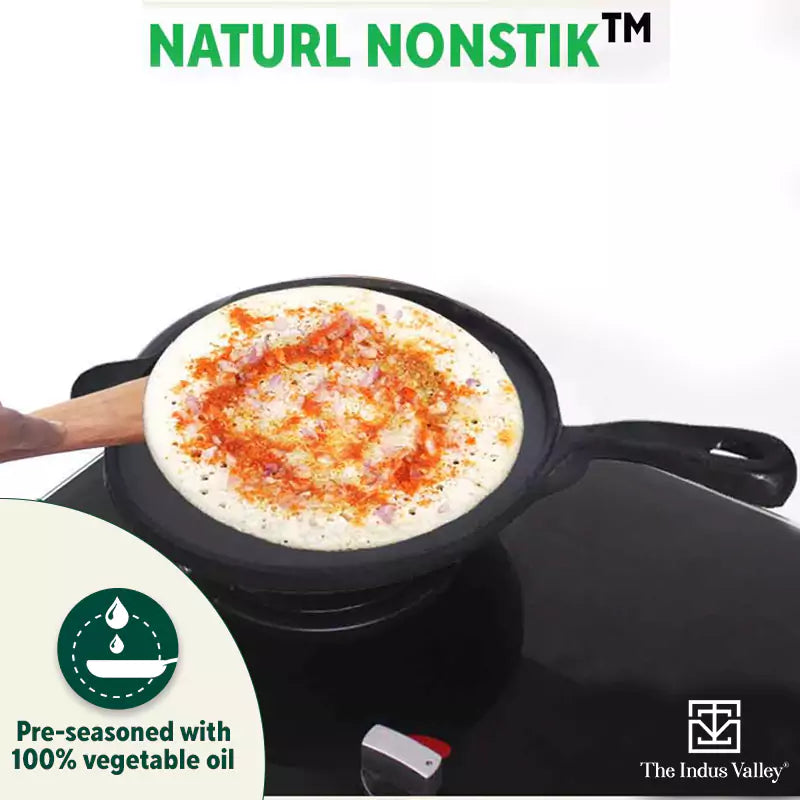 The Indus Valley Super Smooth Cast Iron Tawa, Long Handle,Pre-seasoned, Nonstick, 100% Pure, Toxin-free, Induction,Spatula, 25.4cm, 1.8kg