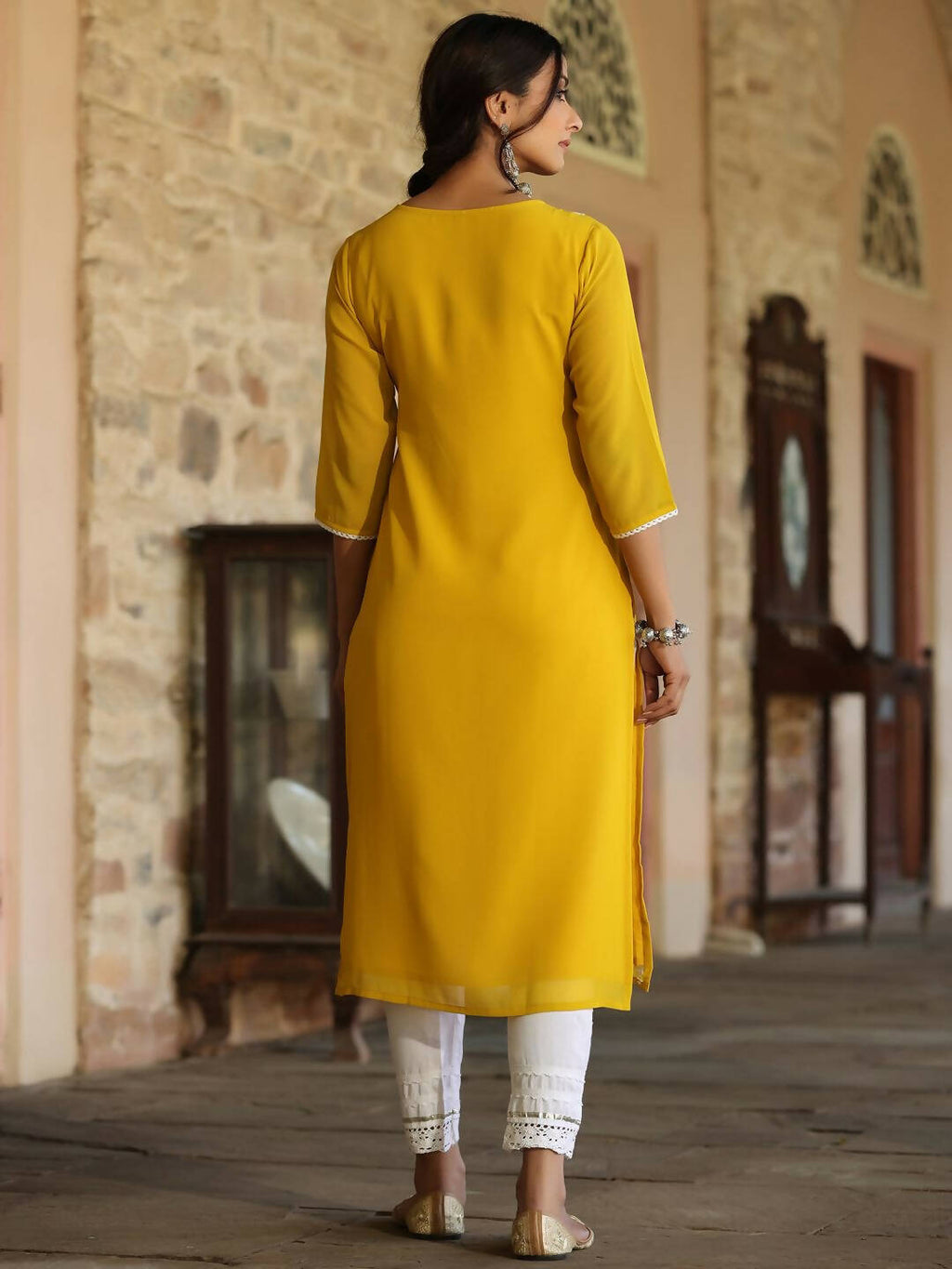 Juniper Women's Yellow Georgette Printed Kurta