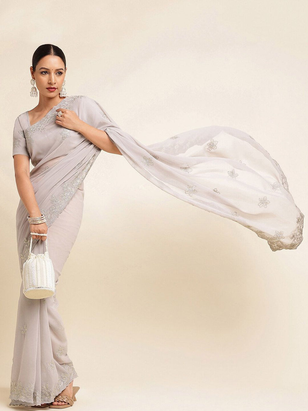 kasee Floral Embroidered Poly Gerogette Saree