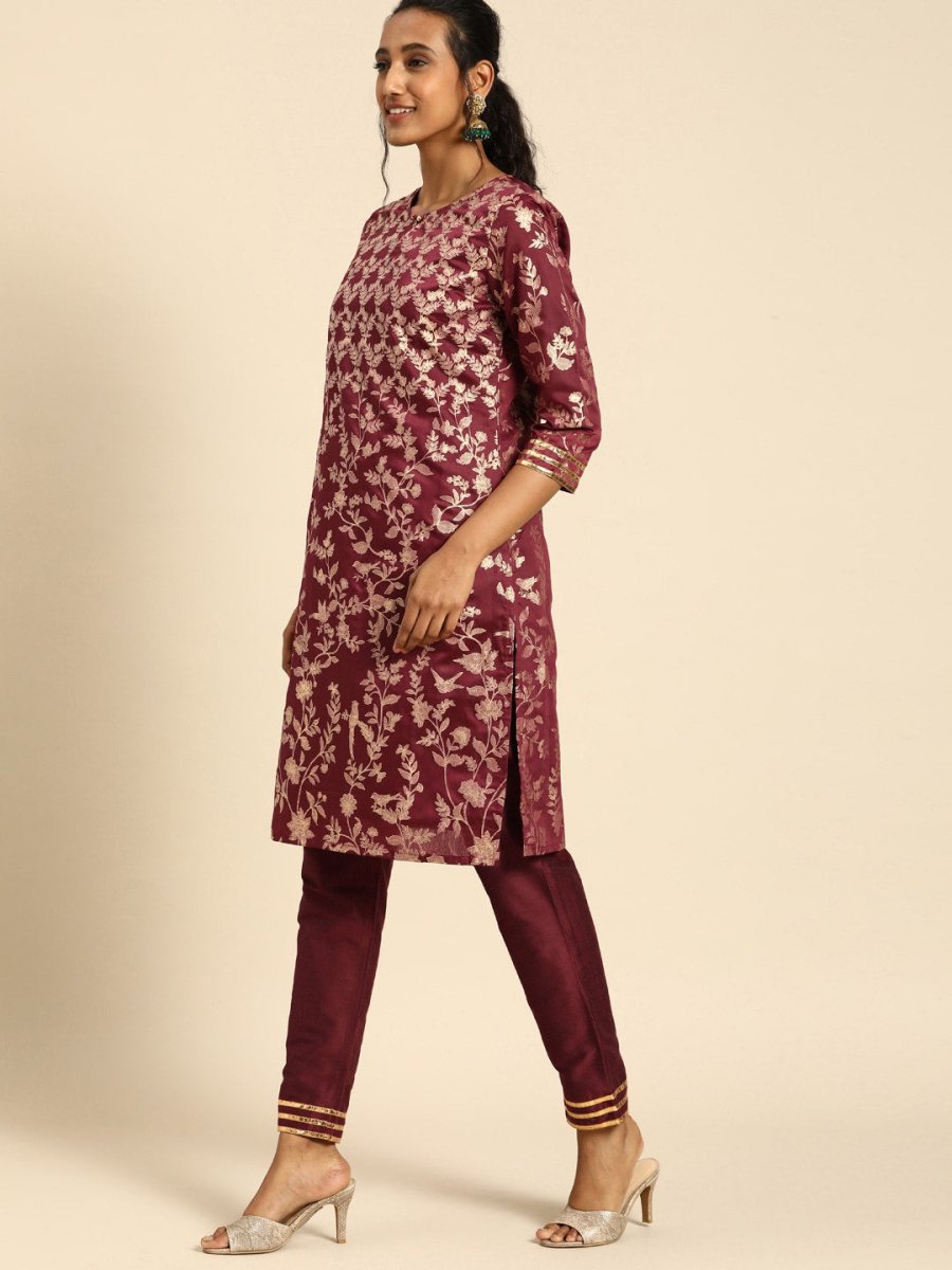 All About You Women Purple & Gold-Toned Ethnic Motifs Printed Regular Kurta with Trousers