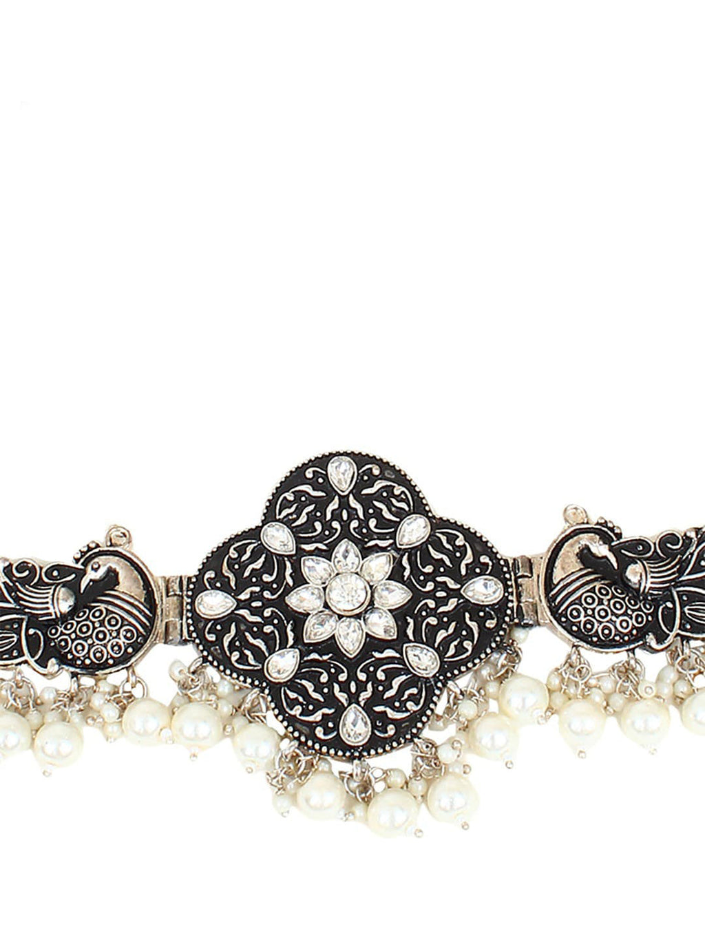 Cardinal Silver-Toned Black Colored Oxidized Choker Jewellery Set