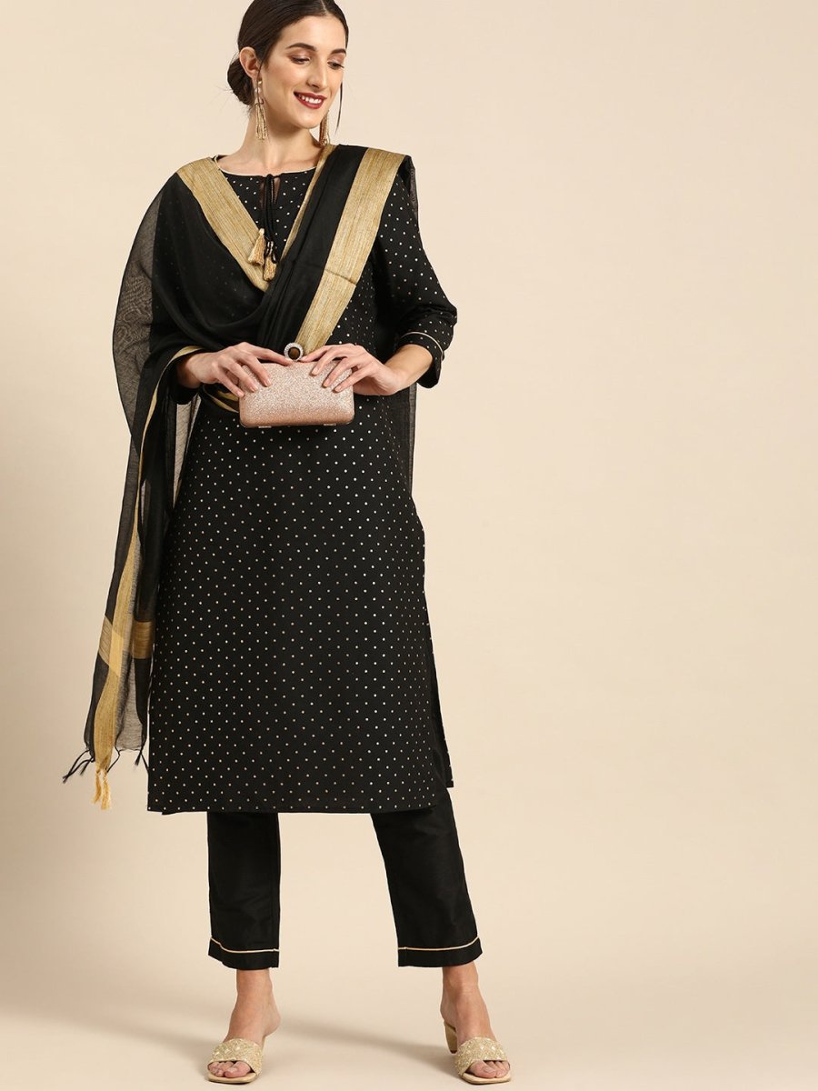 All About You Women Black & Gold Printed Regular Kurta with Trousers & Dupatta