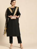 All About You Women Black & Gold Printed Regular Kurta with Trousers & Dupatta
