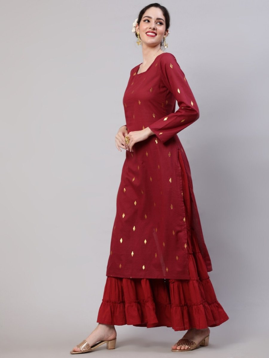 Aks Woven Design Round Neck Zari Cotton A-Line Kurta