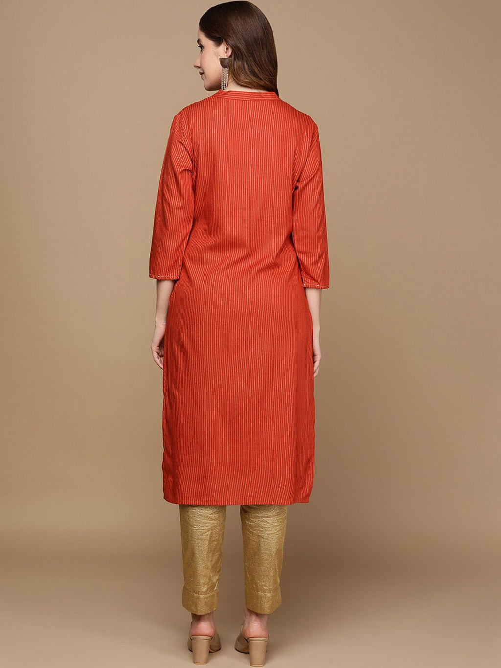 HERE&NOW Orange & Gold-Toned Mandarin Collar Striped Sequined Straight Kurta
