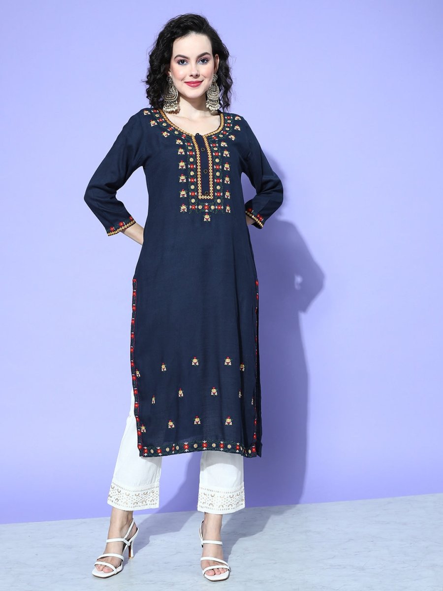 All About You Women Blue Embroidered Regular Mirror Work Liva Kurta with Trousers