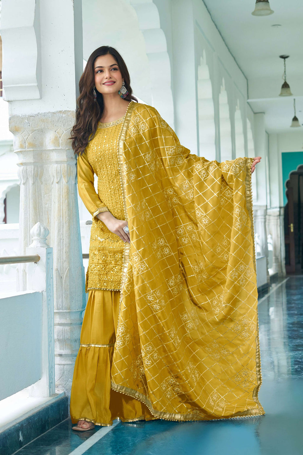 Teeya Creation Yellow Color Chinon Silk Heavy Embroidery Work Fully Stitched Salwar Suit