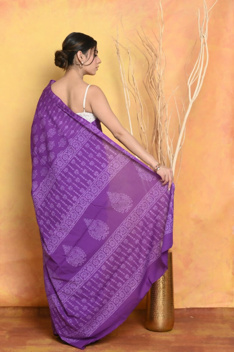 Very Much Indian Handblock Printed Cotton Saree With Natural Dyes - Purple