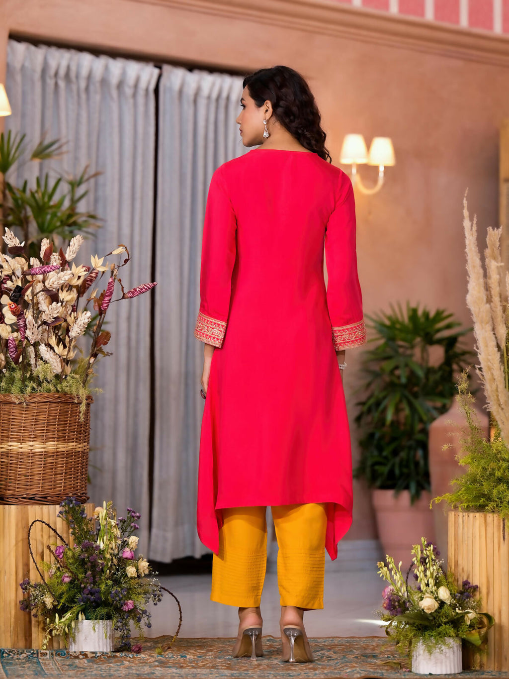 Juniper Women's Fuchsia Zari Embroidered Viscose Kurta & Pant Set With Sequins