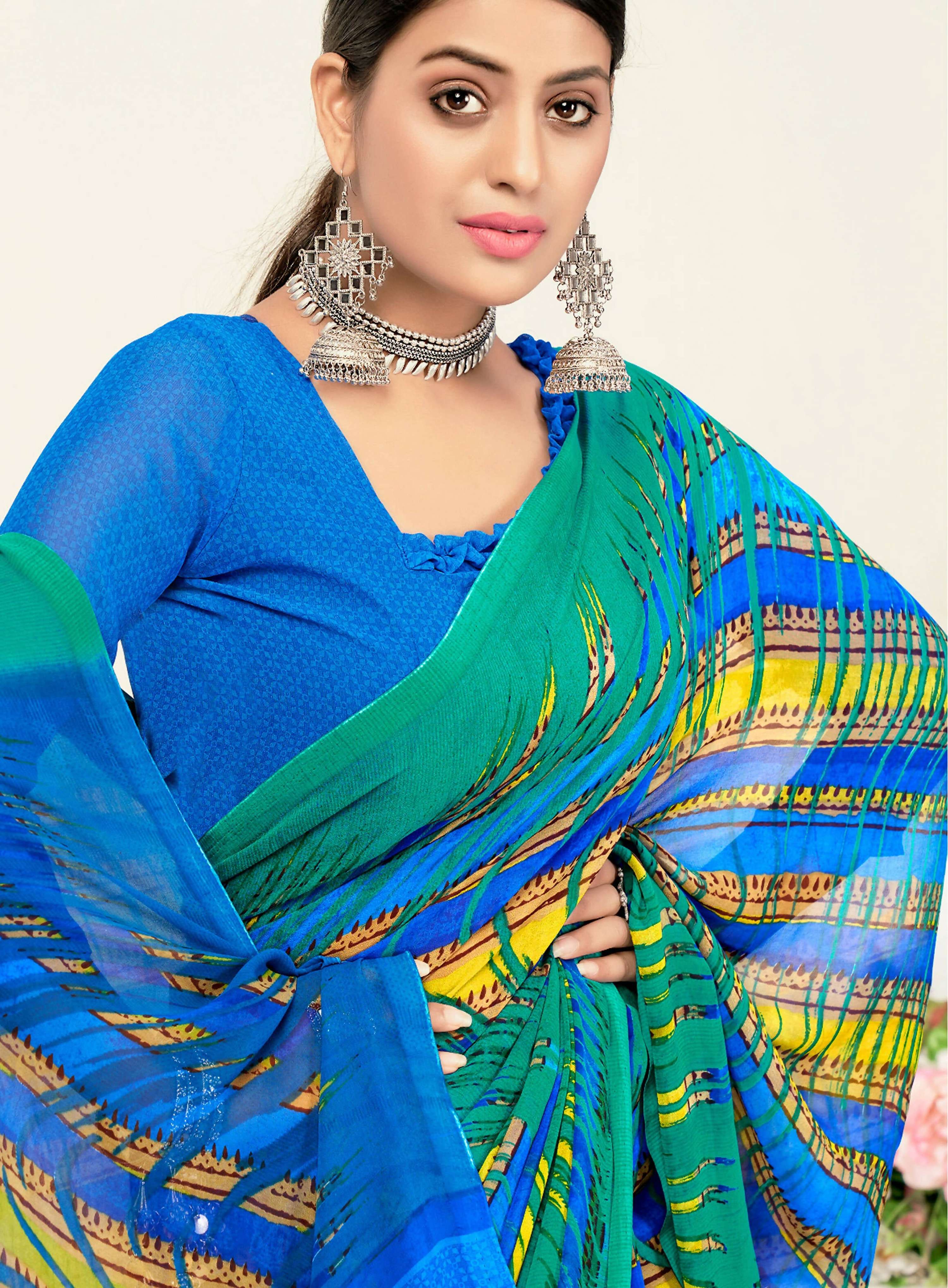 Green Georgette Texture Printed Saree With Unstitched Blouse Piece - Jyoti
