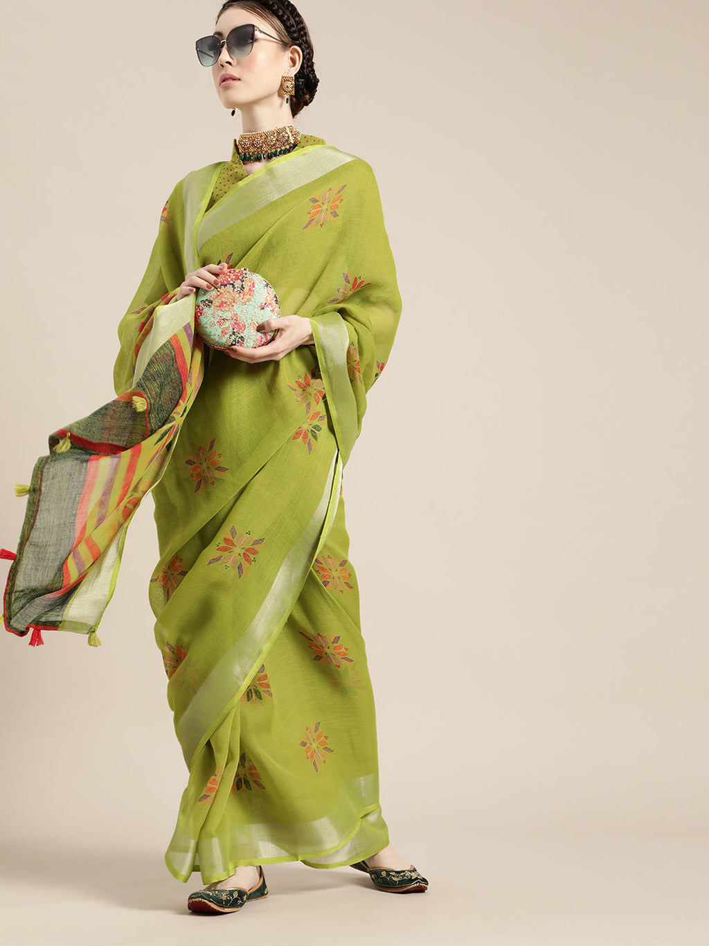 Saree Mall Saree Mall Elegant Green and Orange Linen Blend Saree