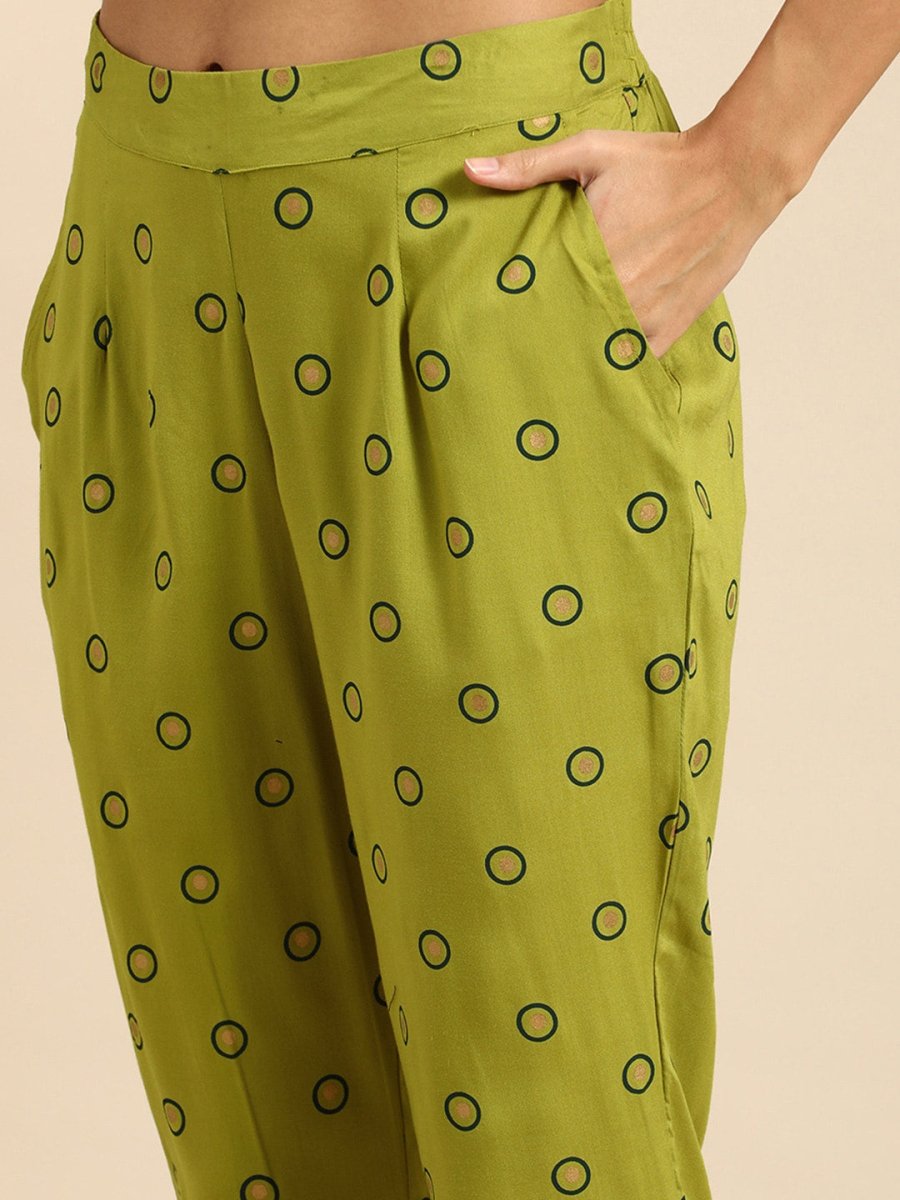 All About You Women Olive Green Ethnic Motifs Printed Empire Kurta with Trousers
