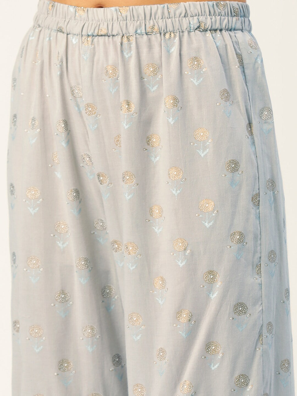 HERE&NOW Women Grey Floral Printed Panelled Gotta Patti Pure Cotton Kurti with Sharara With Dupatta