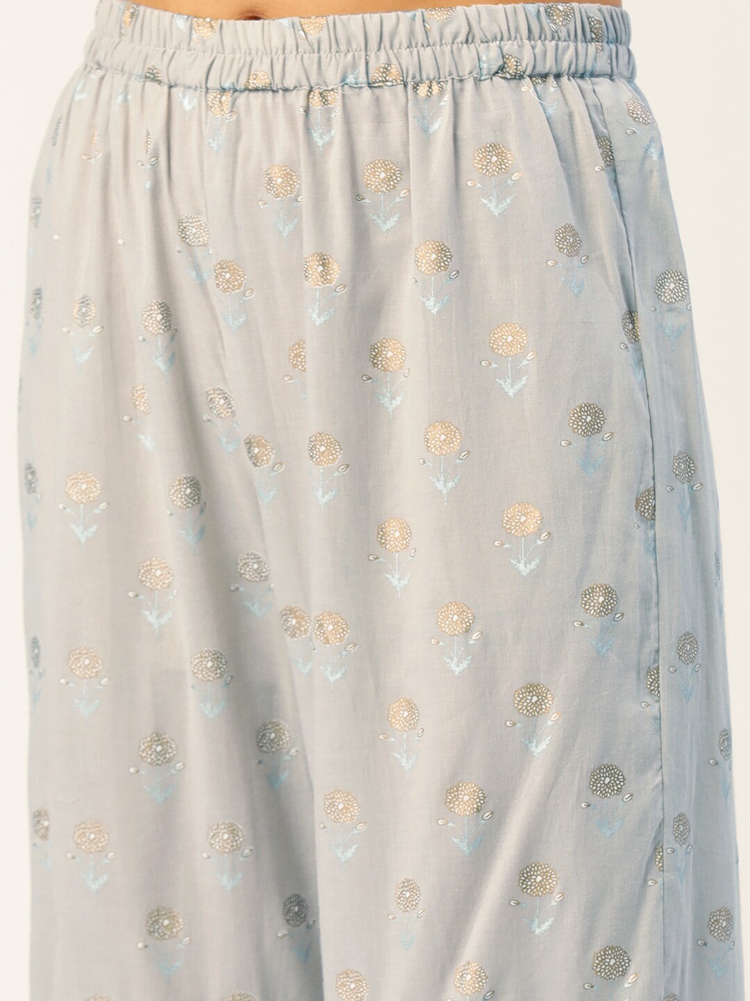 HERE&NOW Women Grey Floral Printed Panelled Gotta Patti Pure Cotton Kurti with Sharara With Dupatta
