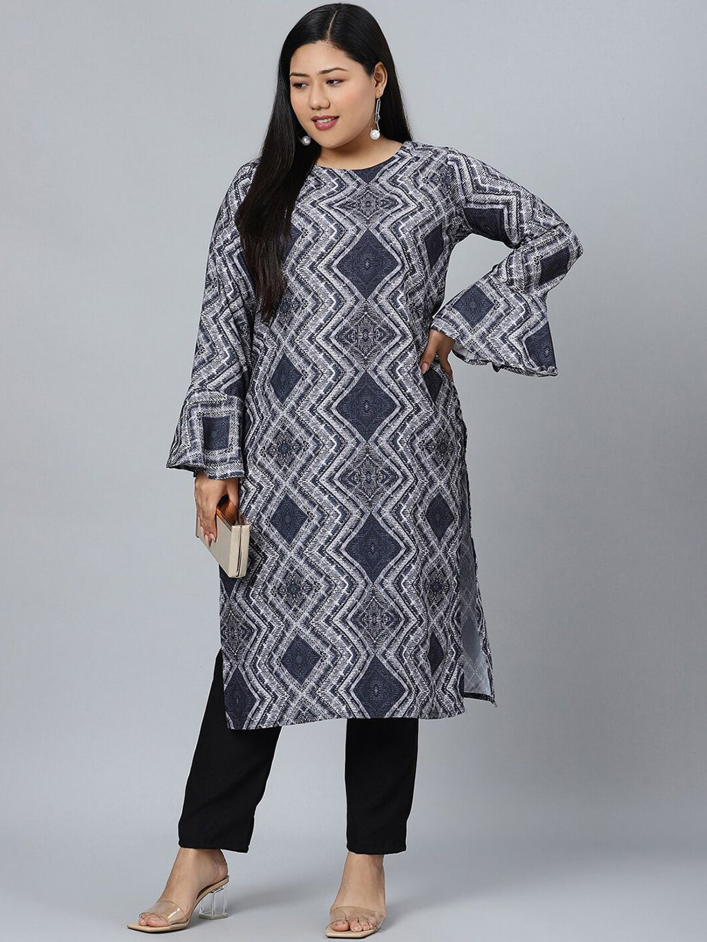 Sztori Geometric Printed Round Neck Straight Kurta with Pant
