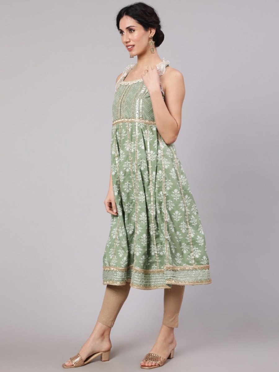 Aks Floral Printed Shoulder Straps Empire Gotta Patti Pure Cotton Kurta