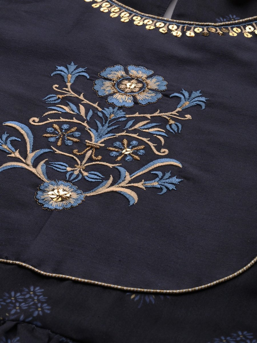 All About You Women Navy Blue Floral Printed Empire Kurta with Trousers