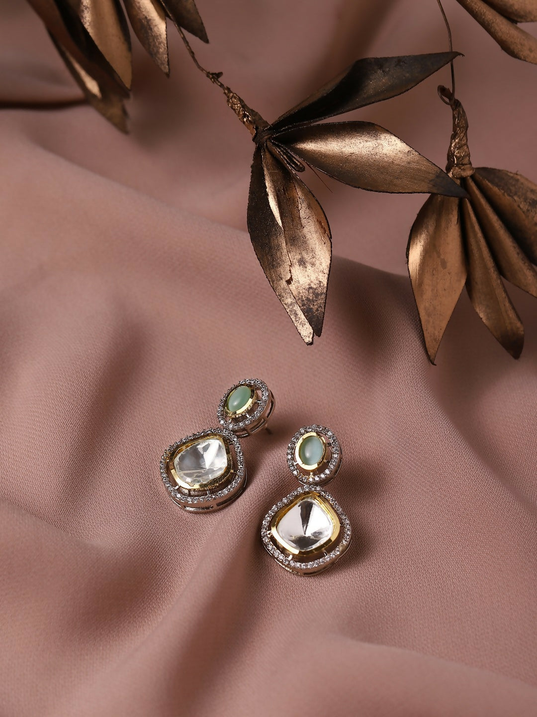 Green Stone Kundan Earrings- Ruby Raang