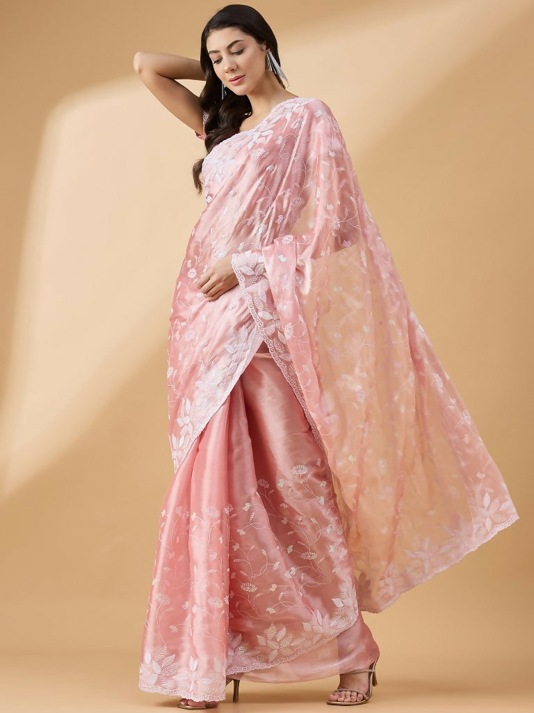 Peach Tissue Slub Embroidered Saree with Unstitched Blouse - Vairagi