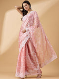 Peach Tissue Slub Embroidered Saree with Unstitched Blouse - Vairagi