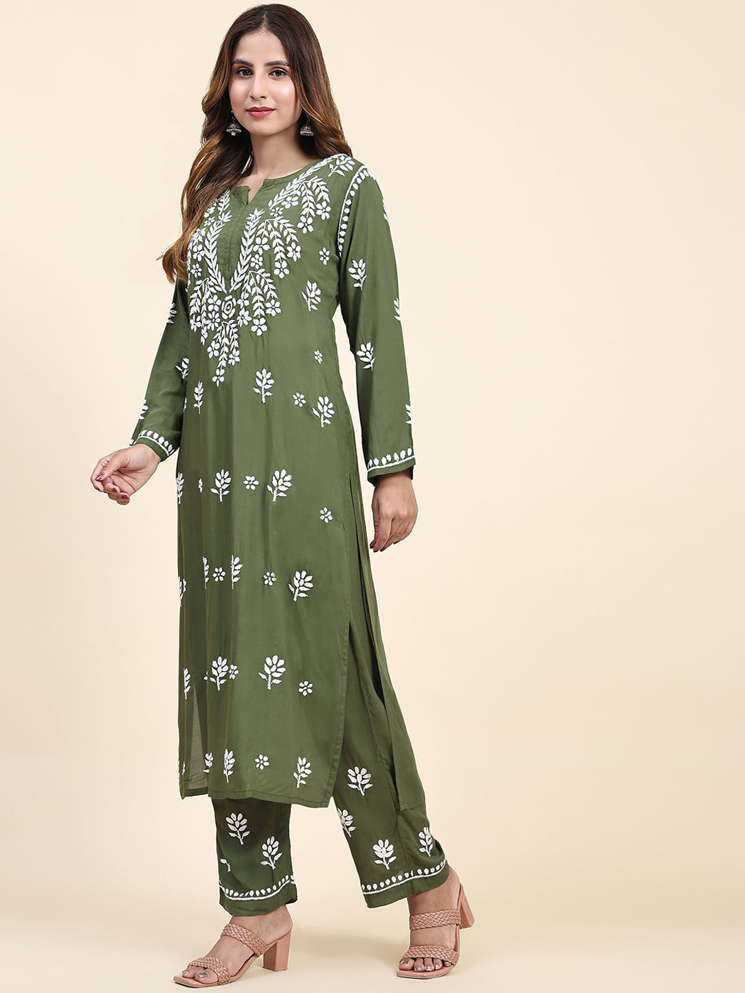 HOUSE OF KARI Floral Embroidered Thread Work Pure Cotton Kurta with Trousers