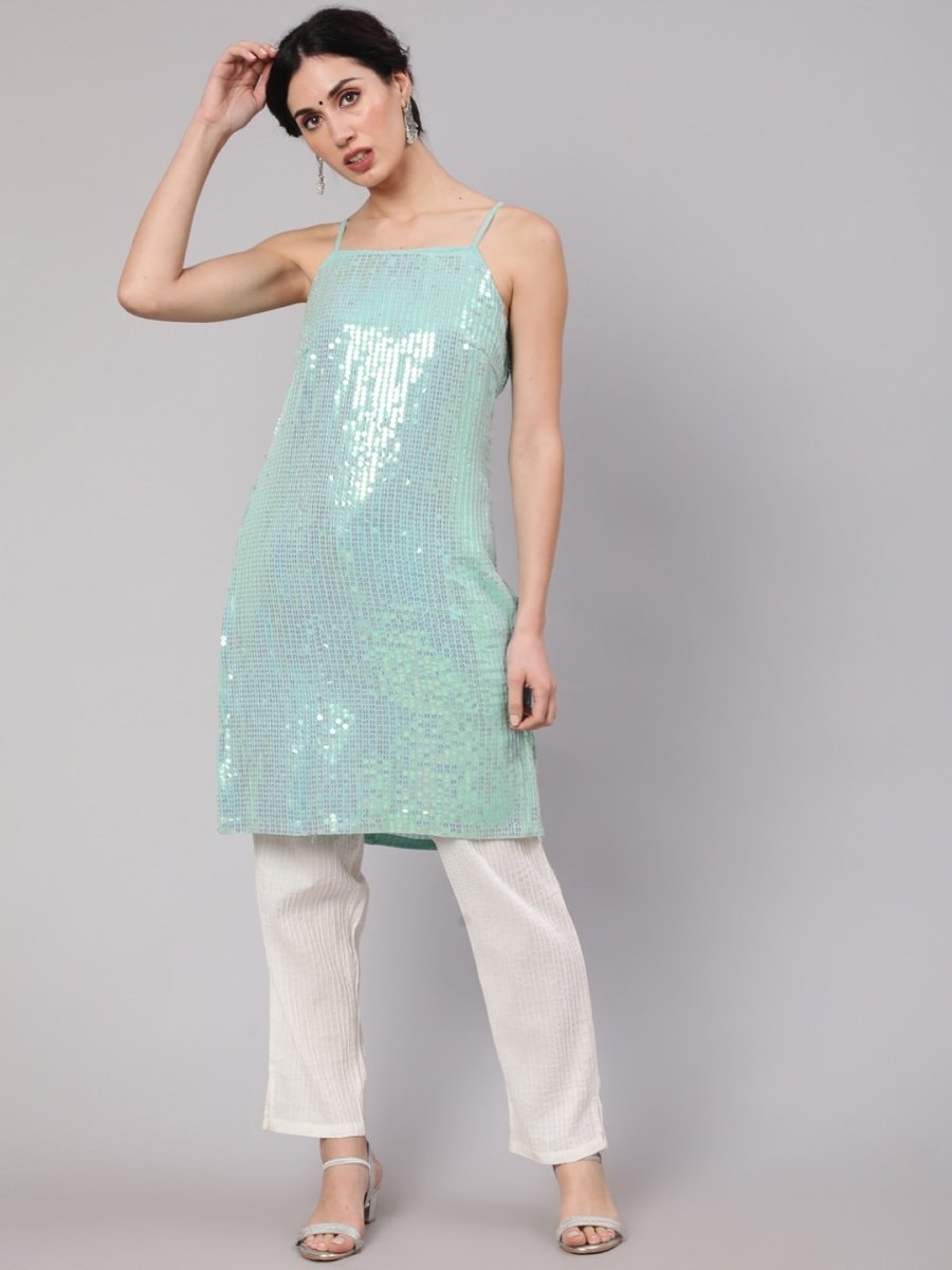 Aks Geometric Embroidered Sequinned Georgette Straight Kurta