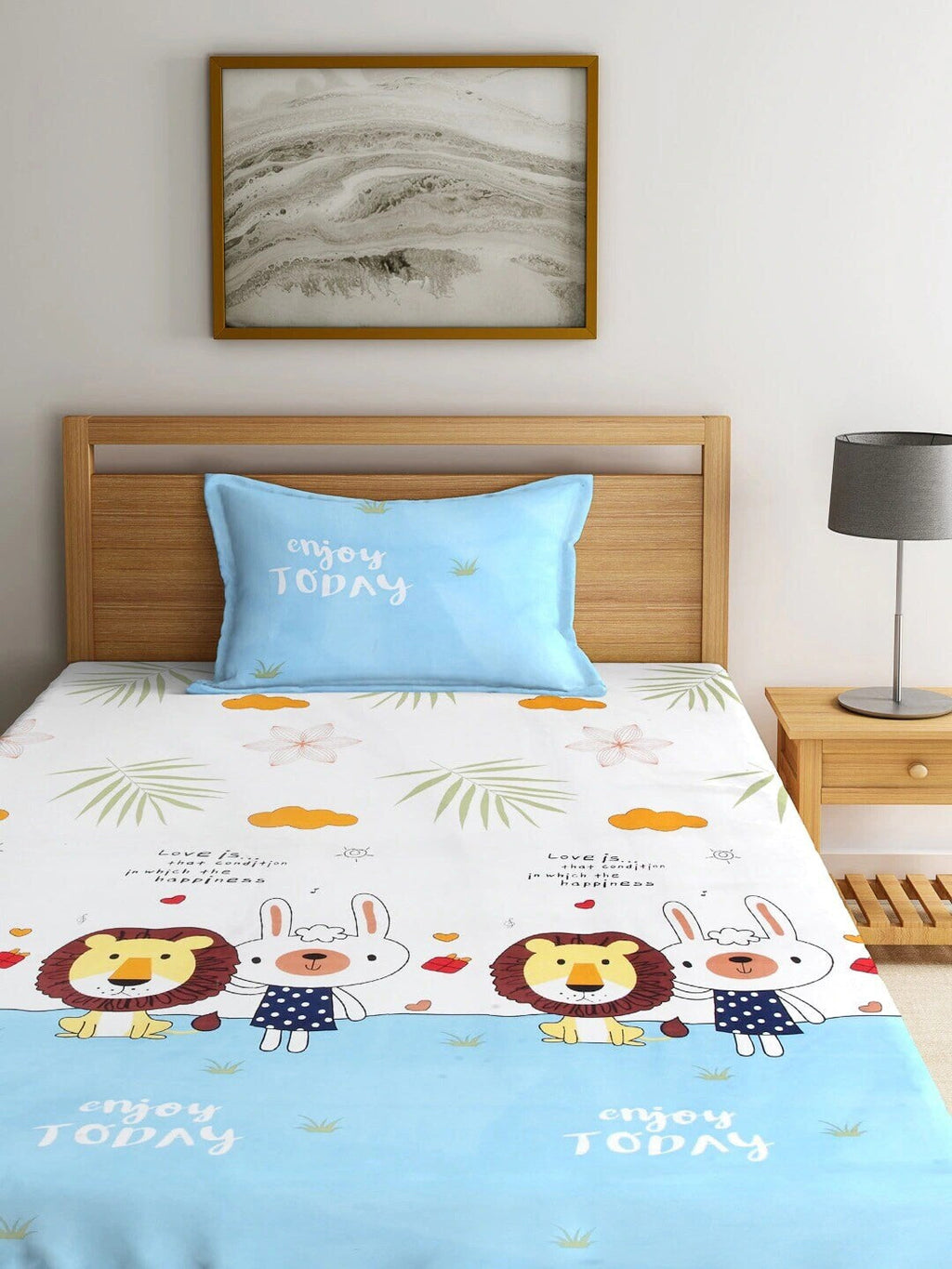 Home Sizzler White & Blue Cartoon Characters 210 TC Single Bedsheet with 1 Pillow Covers