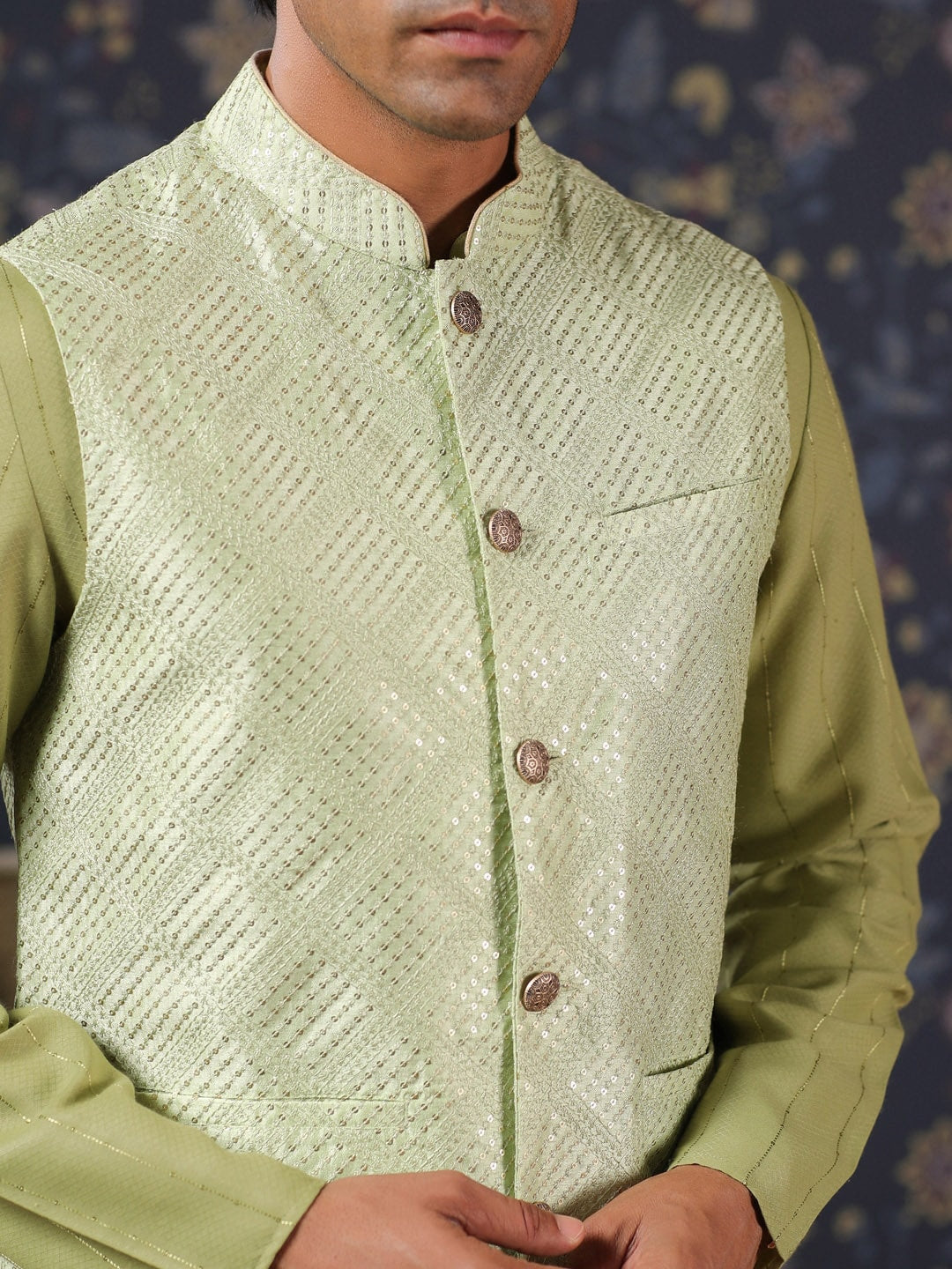House of Pataudi Straight Kurta With Pyjamas & Embroidered Sequin Work Nehru Jacket