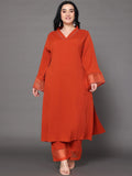 Sztori Plus Size V Neck Regular Silk Crepe Straight Kurta with Trousers
